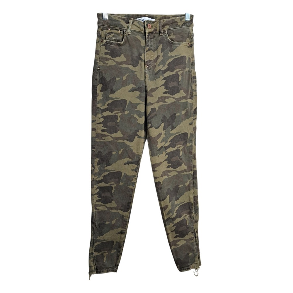 ZARA Denim Women's Camo Green Army Skinny Pants 4 Distressed Stretch Low-Rise‎